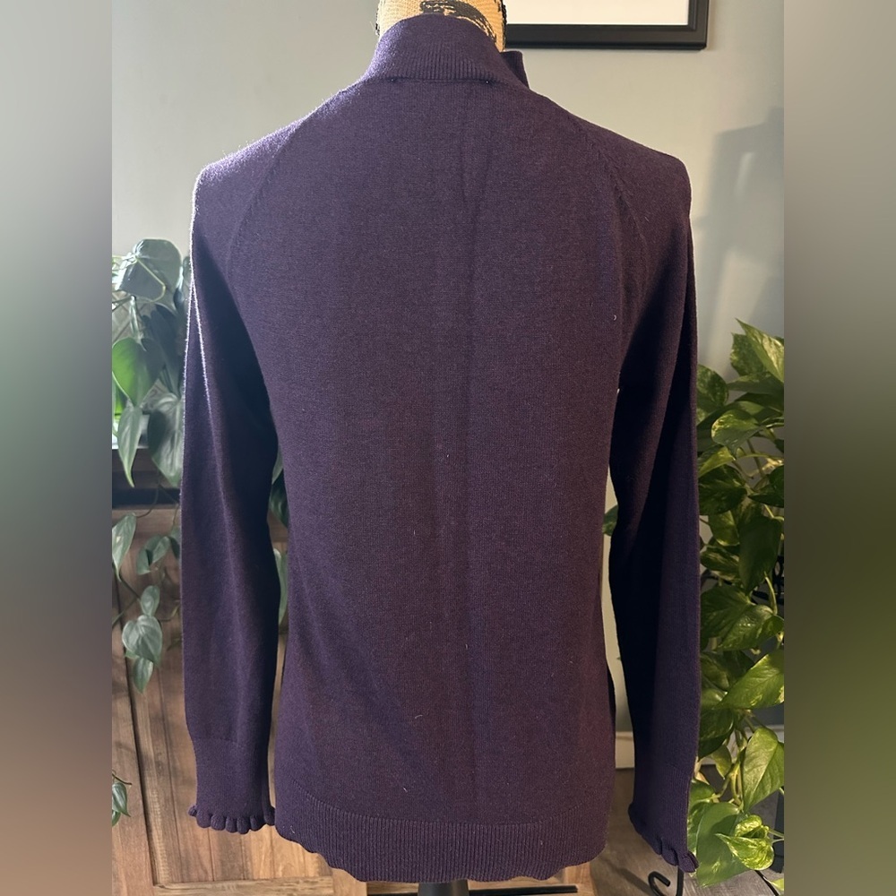 LOFT Deep Plum Mock Turtleneck Sweater with Ruffle Detail. Size X-Small. - Picture 2 of 4